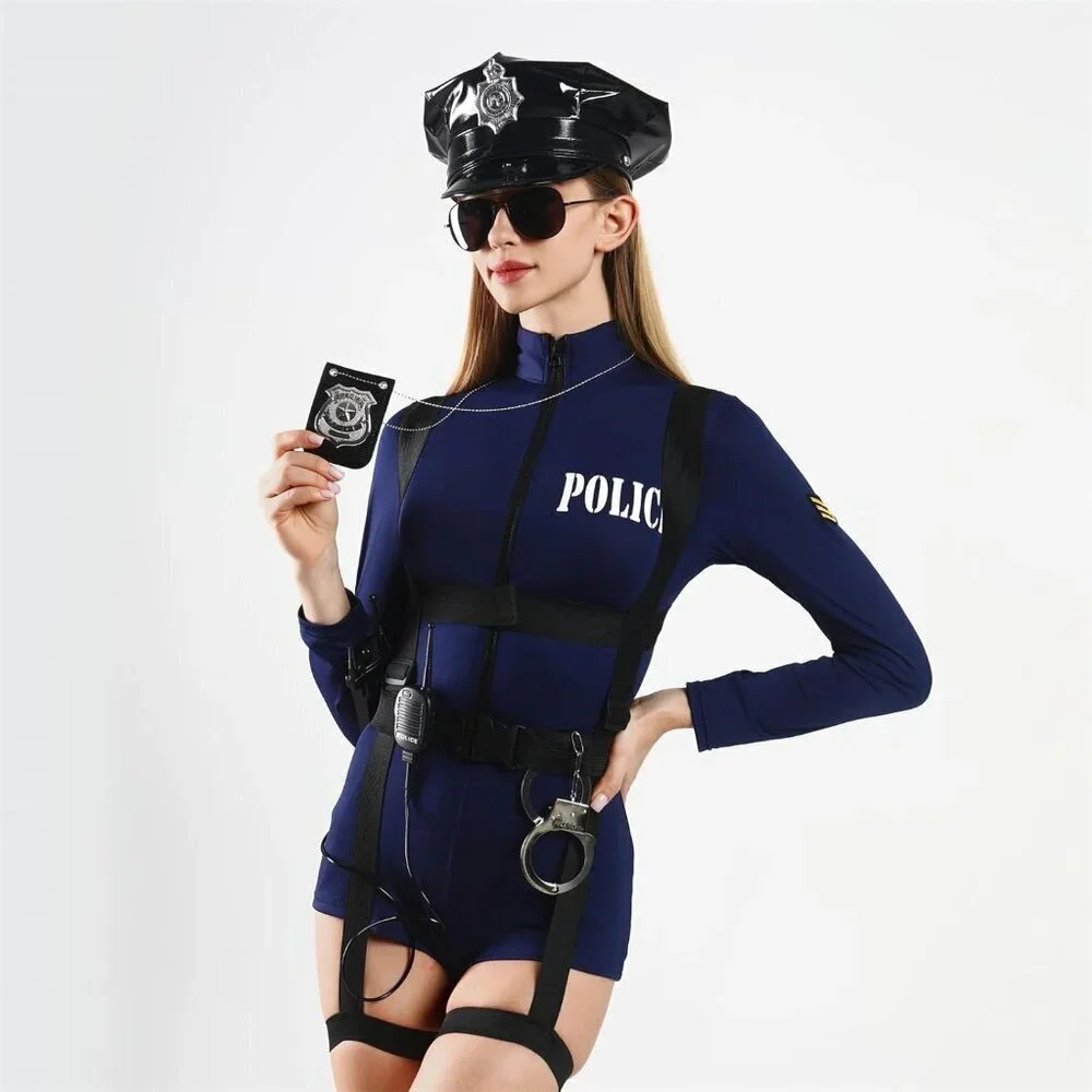 Police Costume Accessories Set Leather Cap Badge Sunglasses Handcuffs for Dress